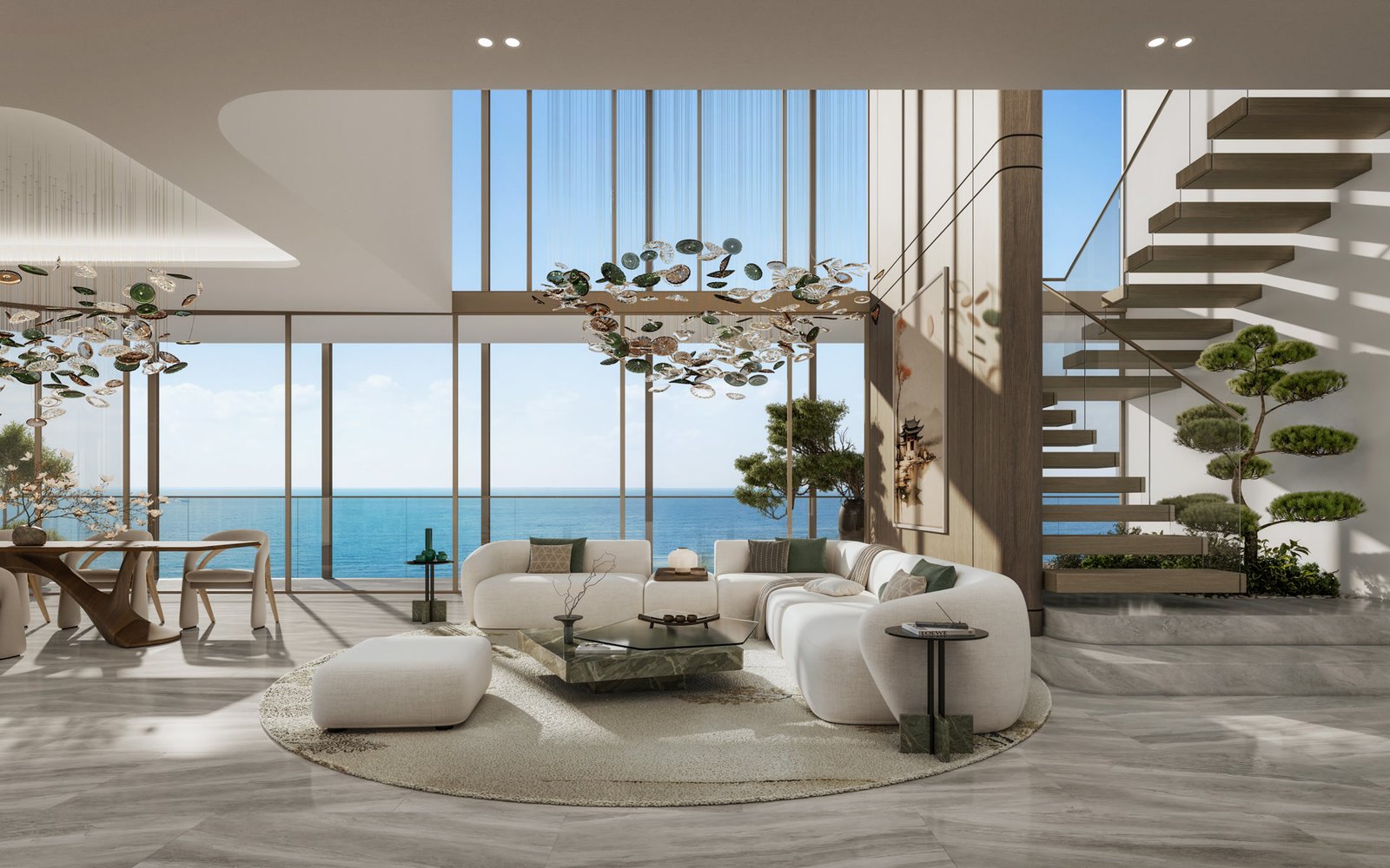 Duplex living room with double height windows