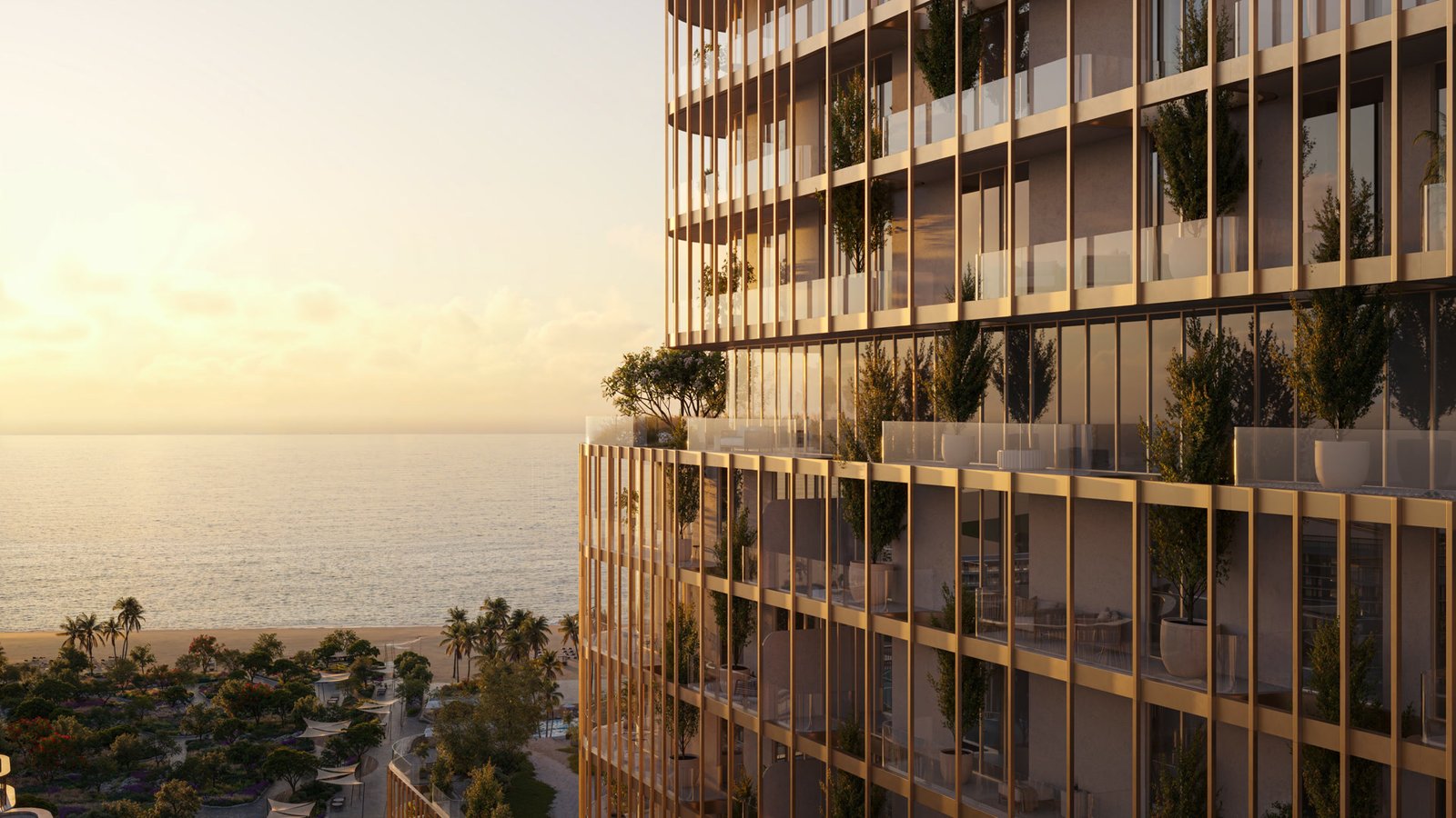 HADO tower facade above the open sea at sunset